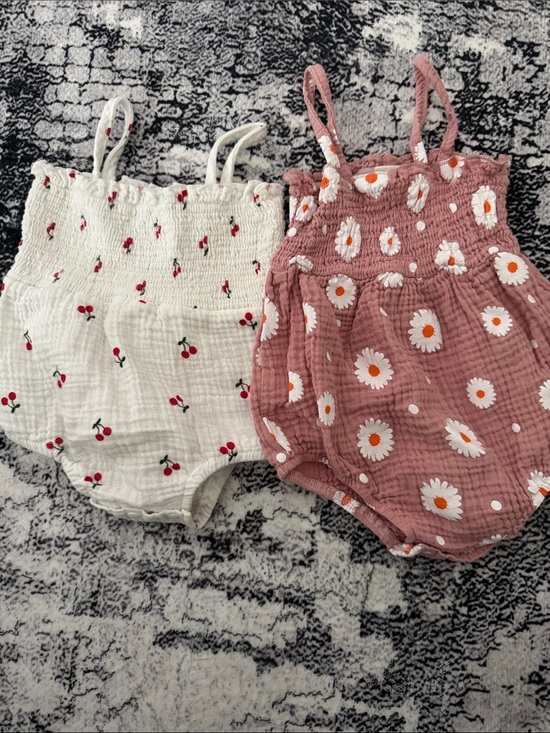 Other - Kids Floral Cotton Romper Set - White Cherry & Dusty Rose Daisy